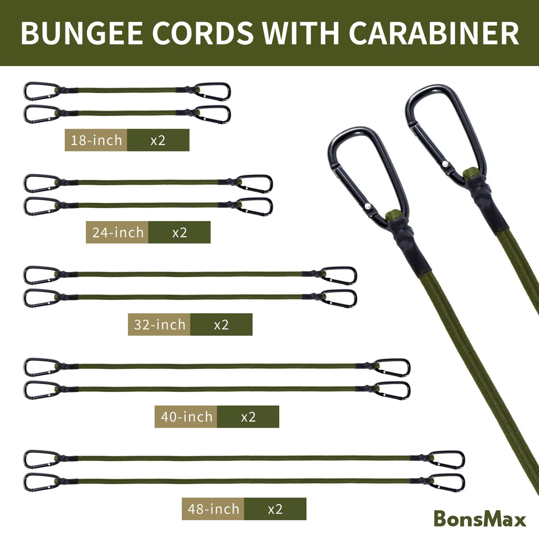 10-Pack Bungee Cords with Carabiners (Olive-Green). Available for Pre-Order Only!