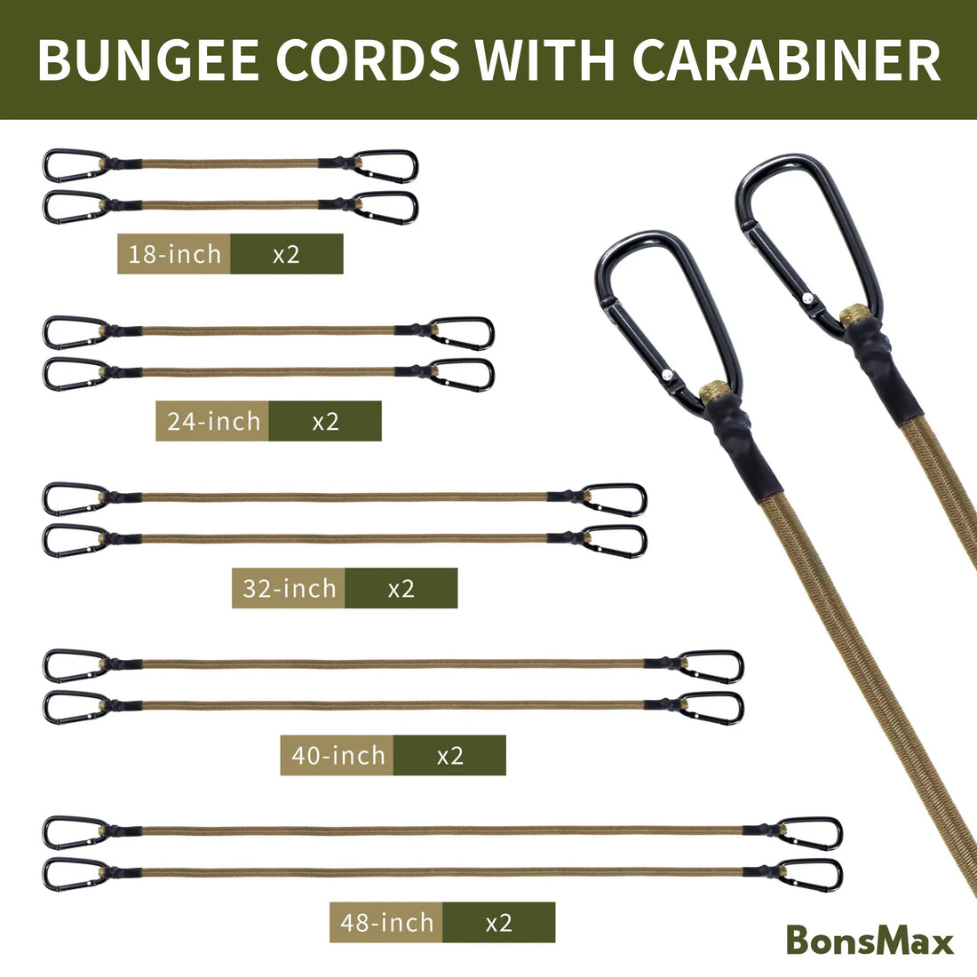 10-Pack Bungee Cords with Carabiners (Khaki). Available for Pre-Order Only!