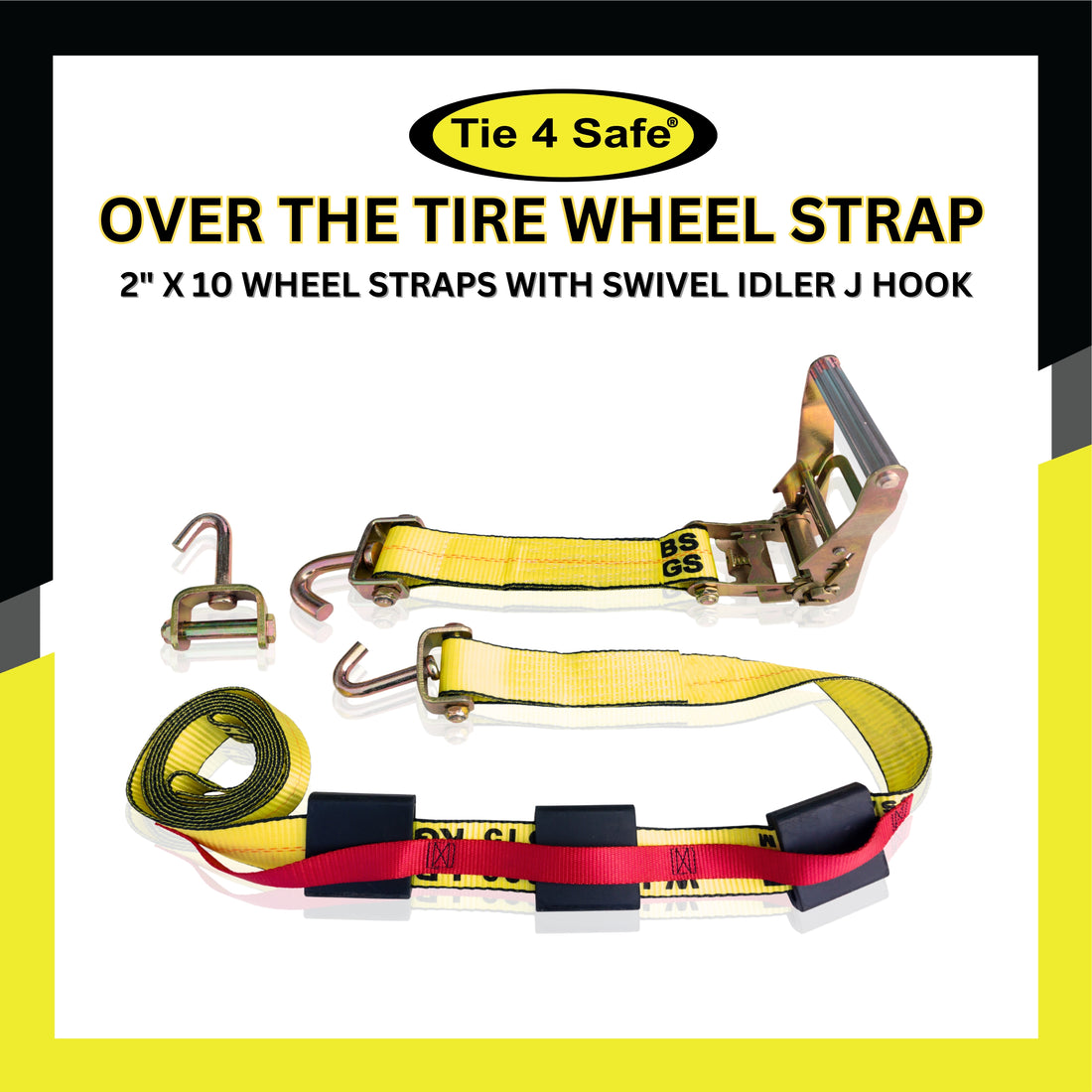 2" X 10' Car Tie Downs With Swivel Hooks & Ratchet Buckle & Tire Grip