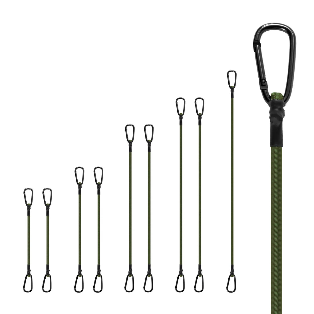 10-Pack Bungee Cords with Carabiners (Olive-Green). Available for Pre-Order Only!