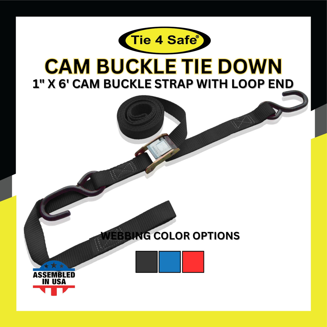 1" X 6' Cam Buckle Strap With 2 Fully Coated S Hooks With Loop End