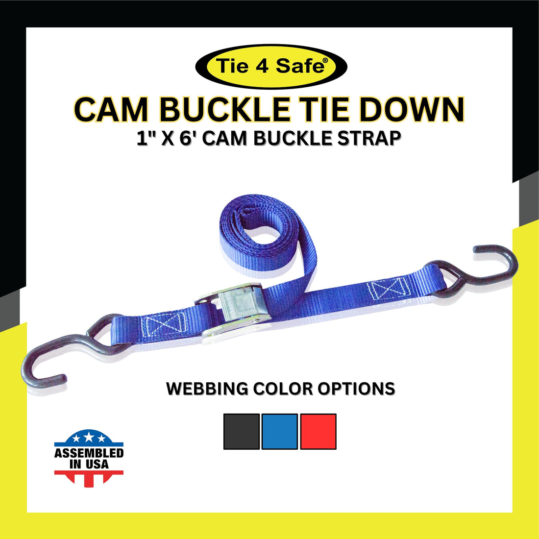 1" X 6' Cam Buckle Strap With 2 Fully Coated S Hooks Without Loop