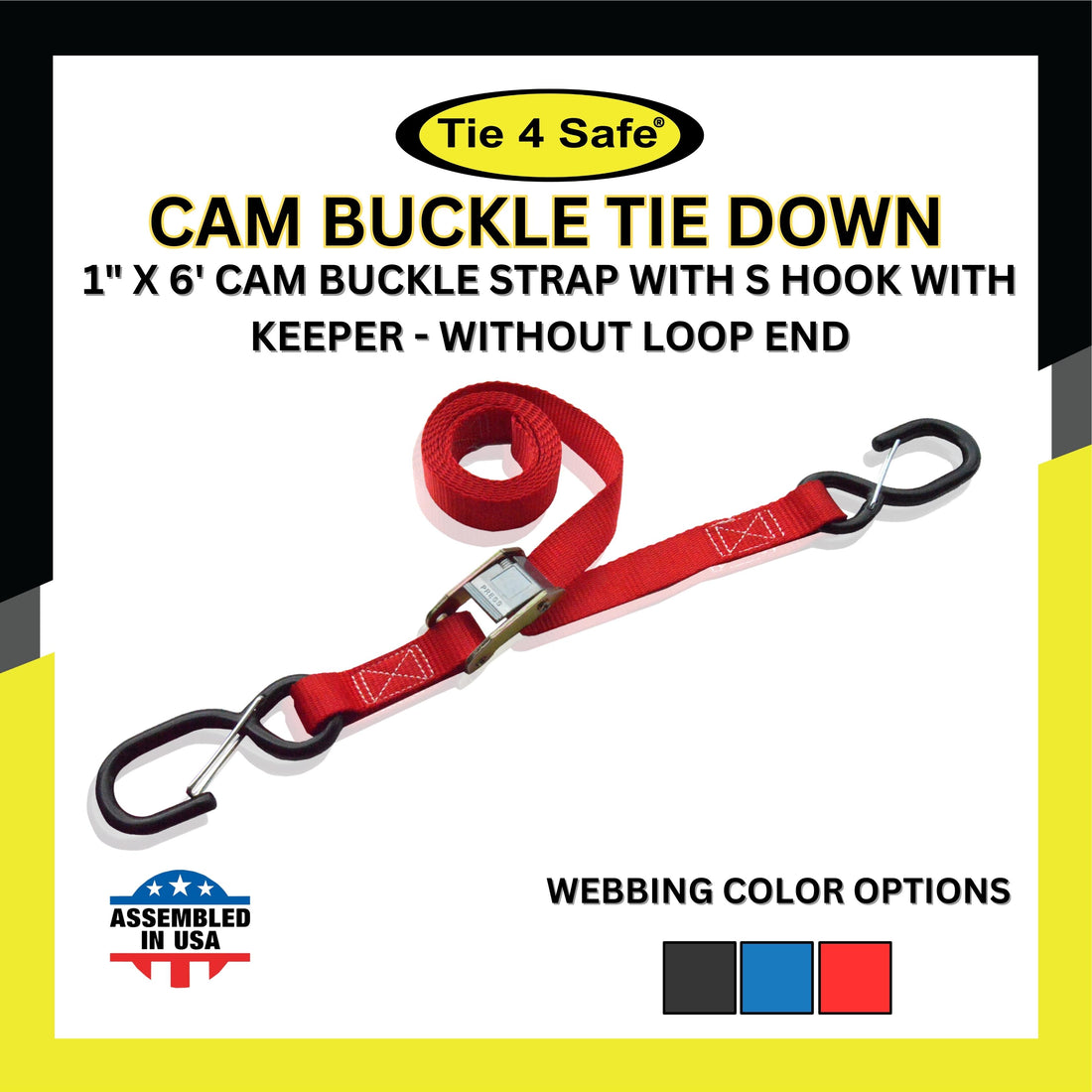 1" X 6' Cam Buckle Strap With 2 S Hooks With Keeper - Without Loop End