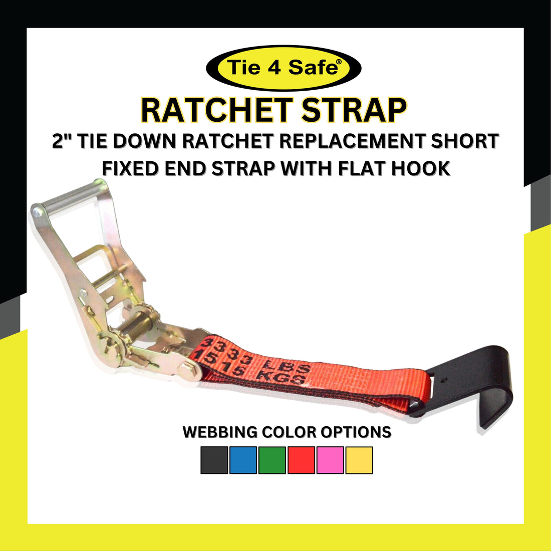 USA 2" Tie Down Ratchet Replacement Short Fixed End Strap With Flat Hook