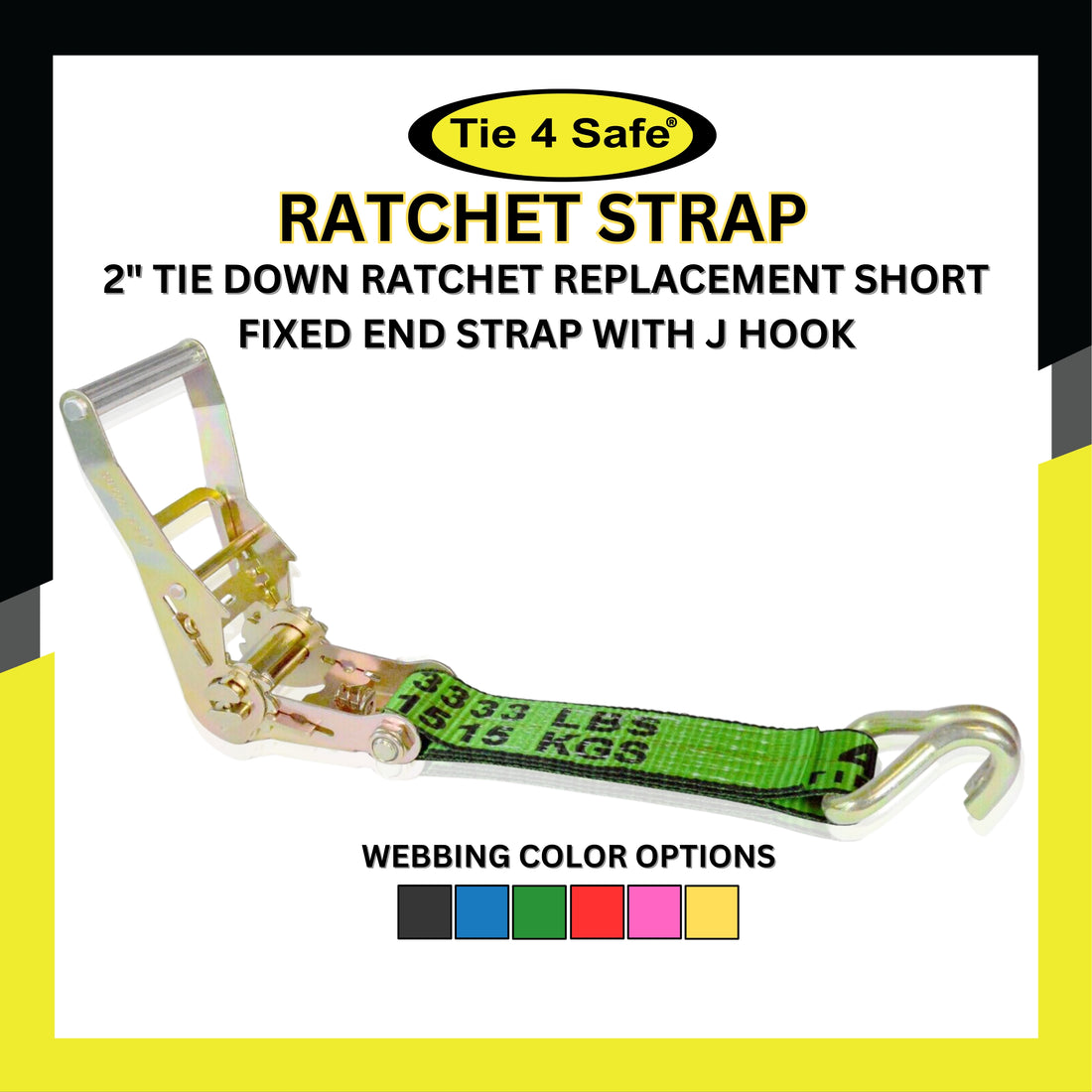 USA 2" Tie Down Ratchet Replacement Short Fixed End Strap With J Hook