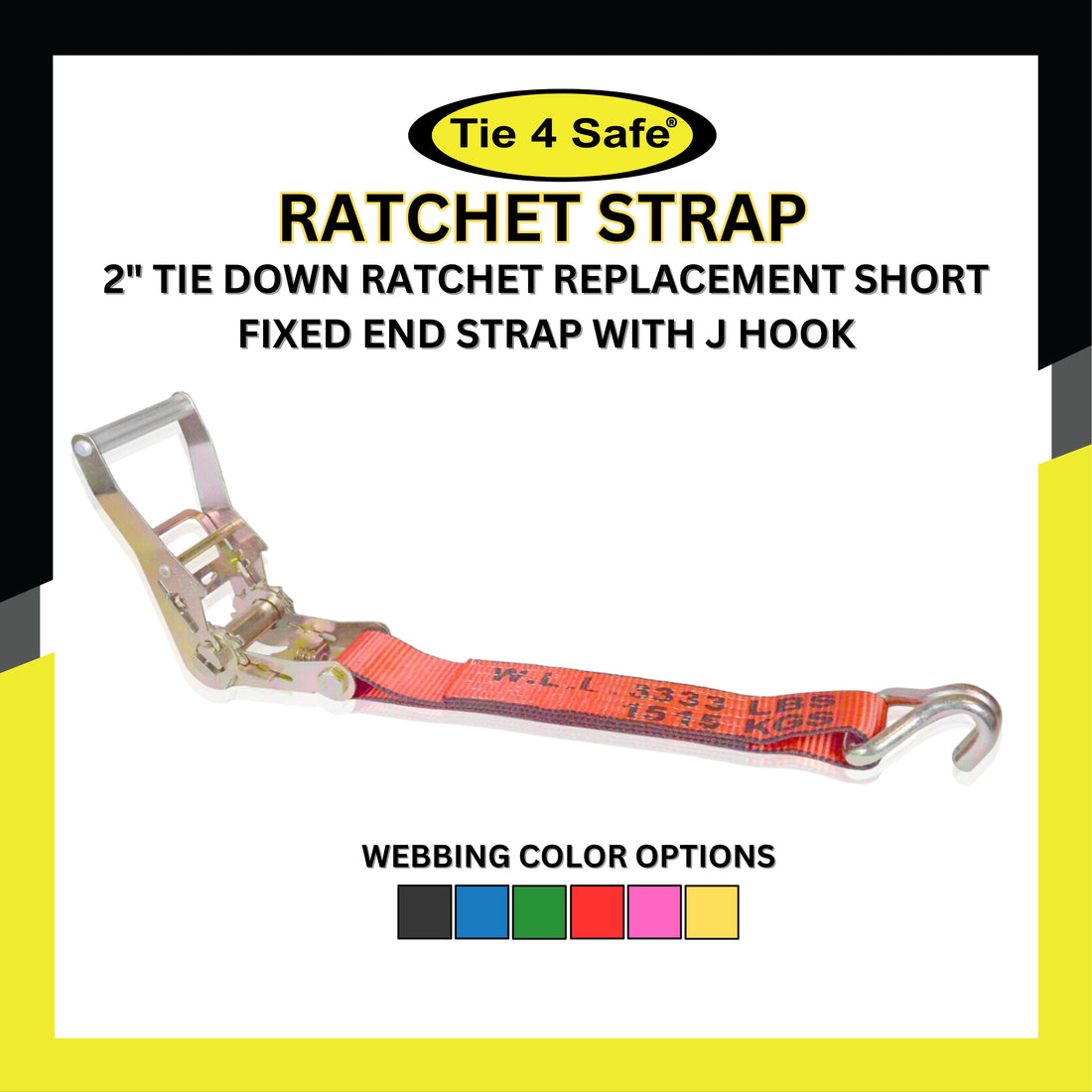 USA 2" Tie Down Ratchet Replacement Short Fixed End Strap With J Hook