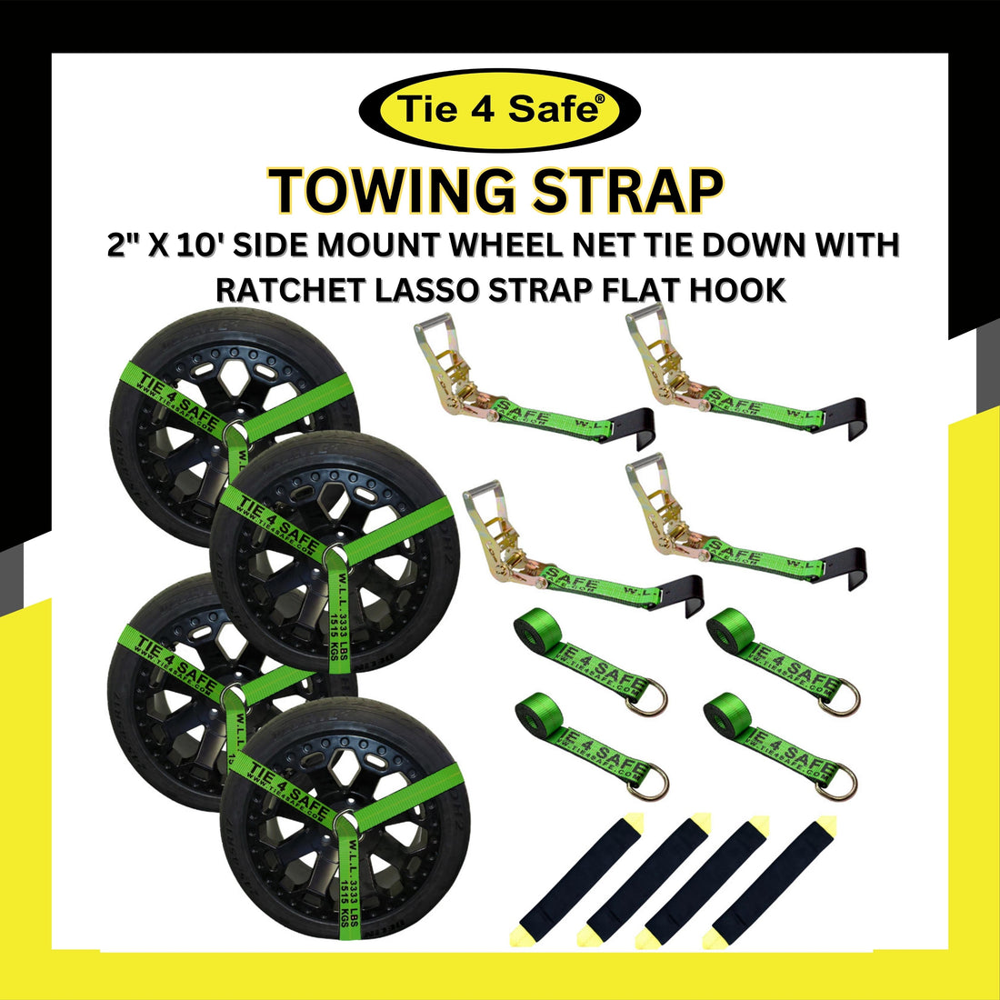 USA 4 Pack 2" x10' Side Mount Wheel Net Tie Down With Ratchet Lasso Strap Flat Hook