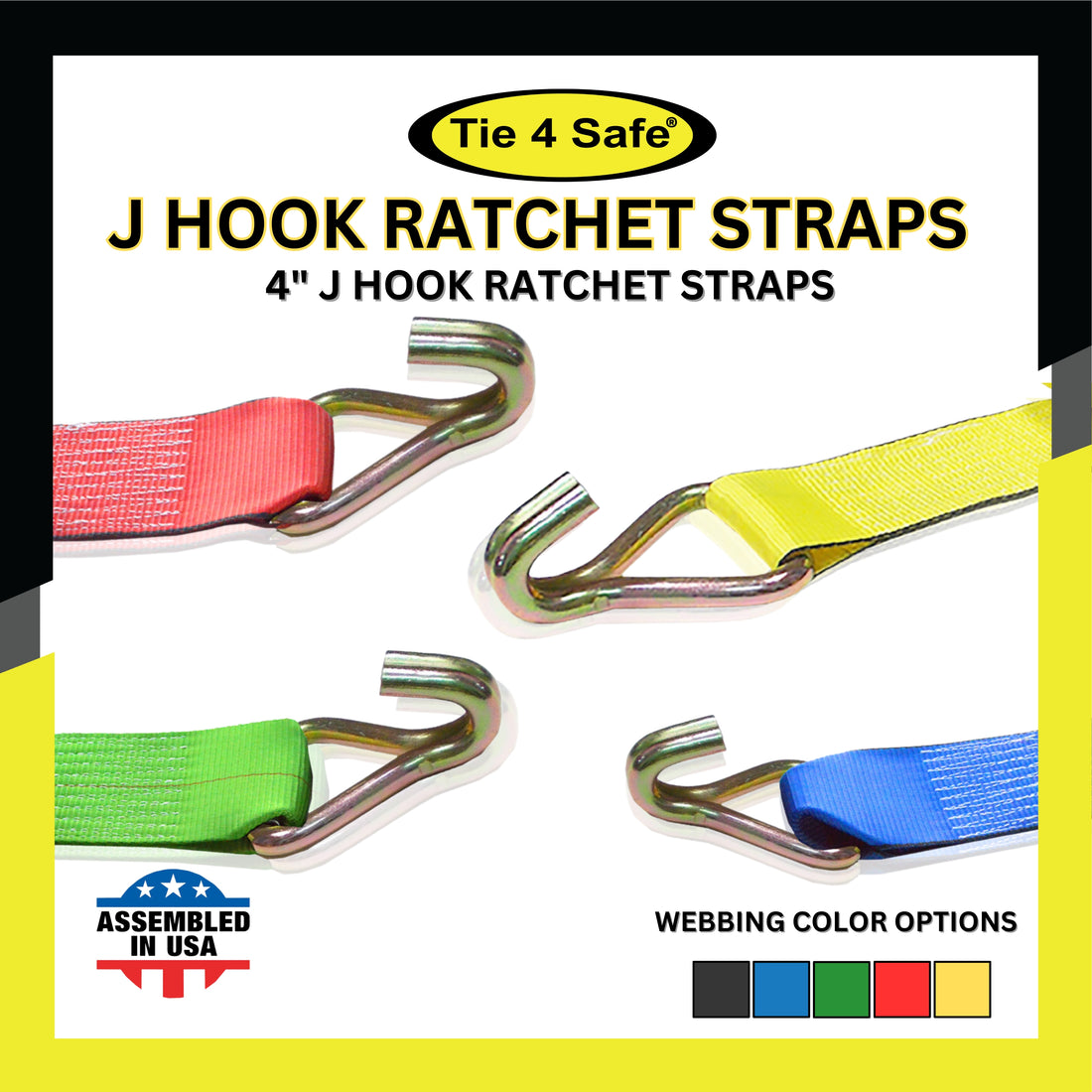 4" Ratchet Tie-Down Strap With J Hooks