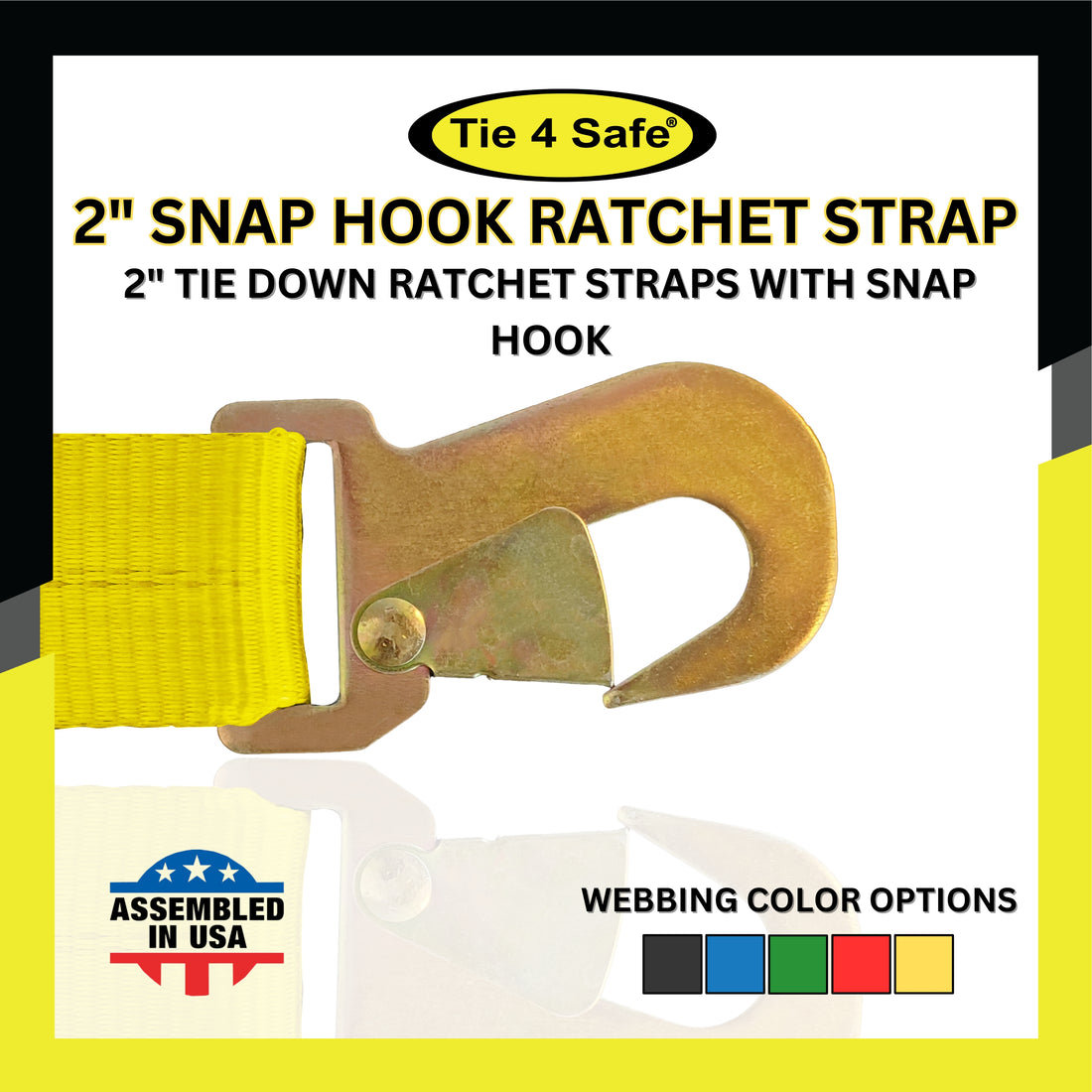 2" x 10' Car Tie-Down Strap With Ratchet Buckle & Flat Snap Hook