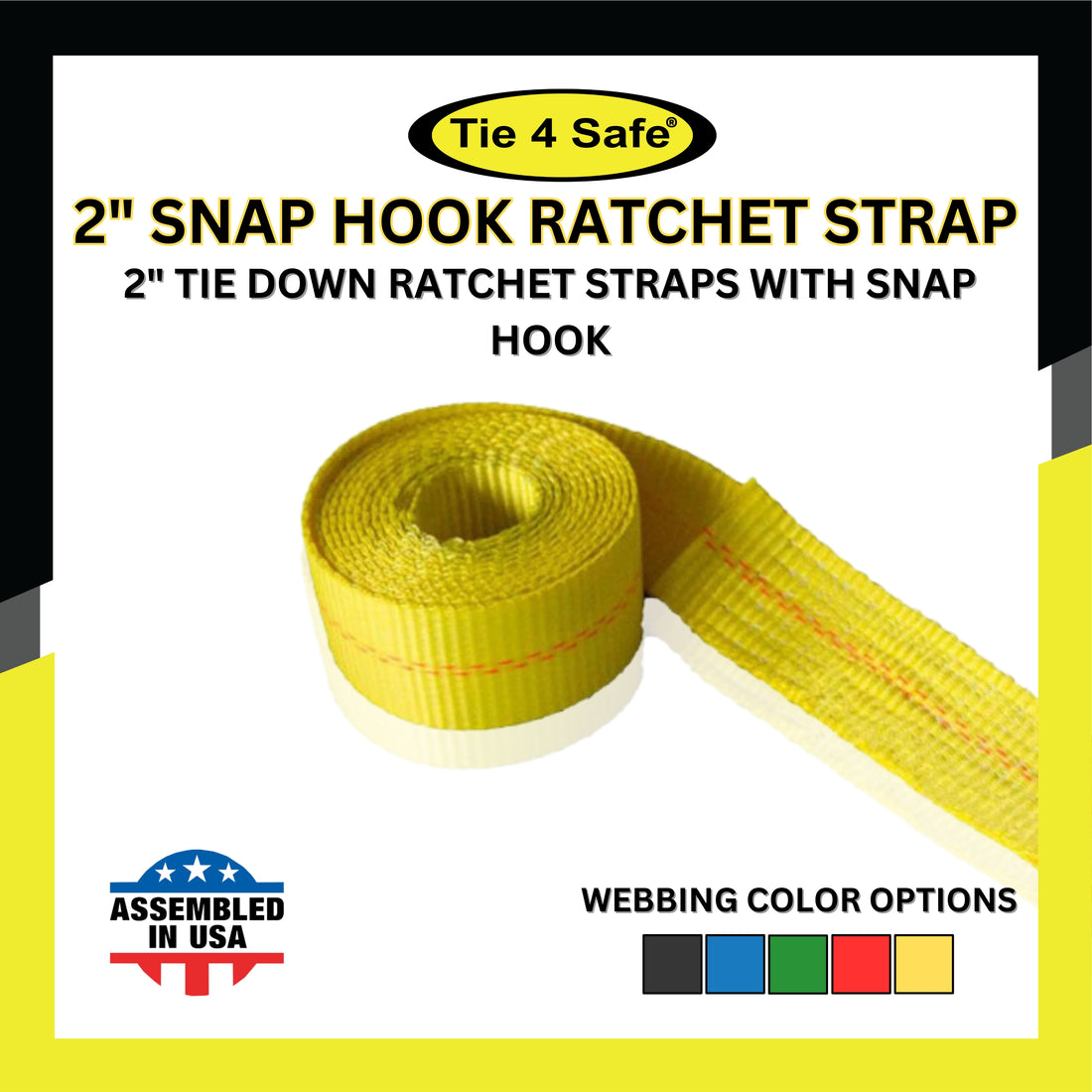 2" x 10' Car Tie-Down Strap With Ratchet Buckle & Flat Snap Hook