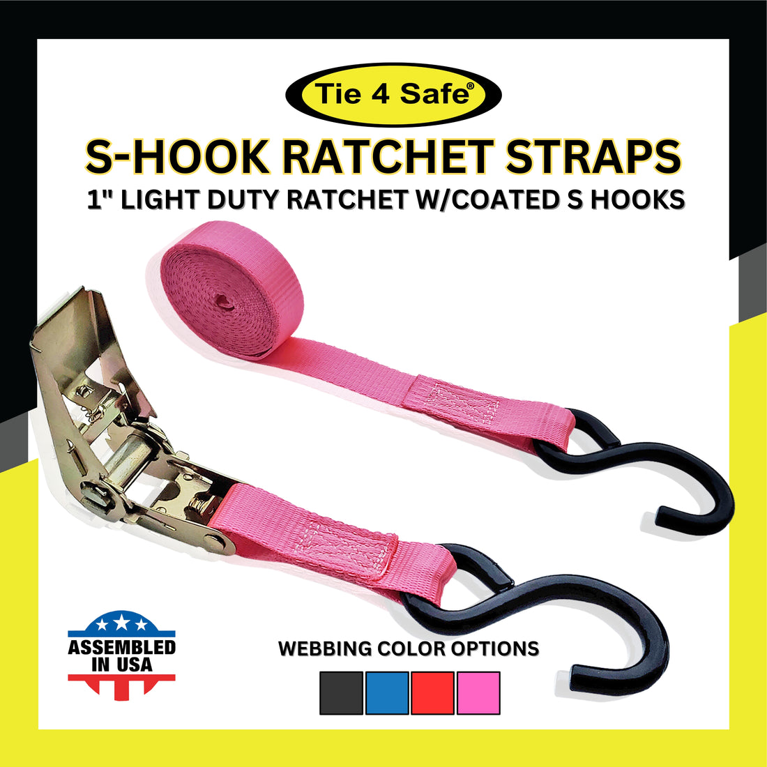1" Light Duty Ratchet Strap With Coated S Hooks