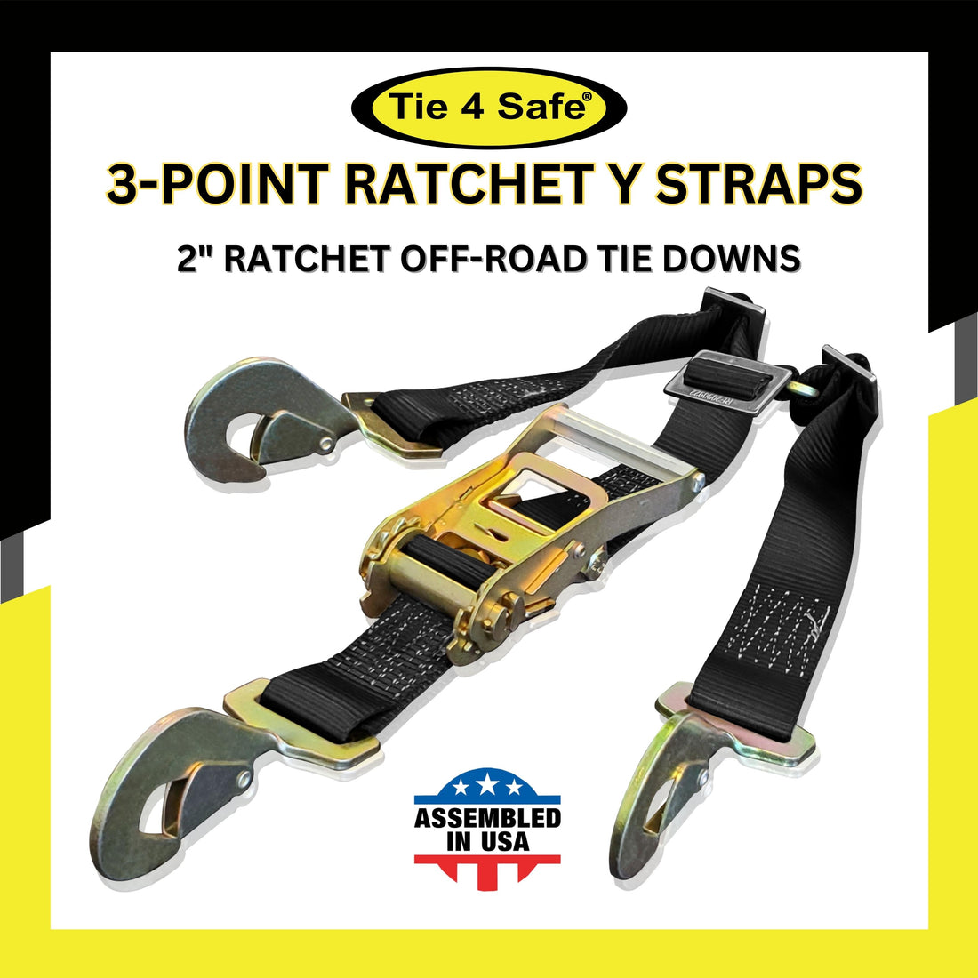 3-Point Spare Tire 2" Ratchet Y Straps With Twist Snap Hooks -Off-Road Tie Downs for ATV, UTV, Truckbed Roof Rack Spare Tire Mount - (Custom Sewn in USA)
