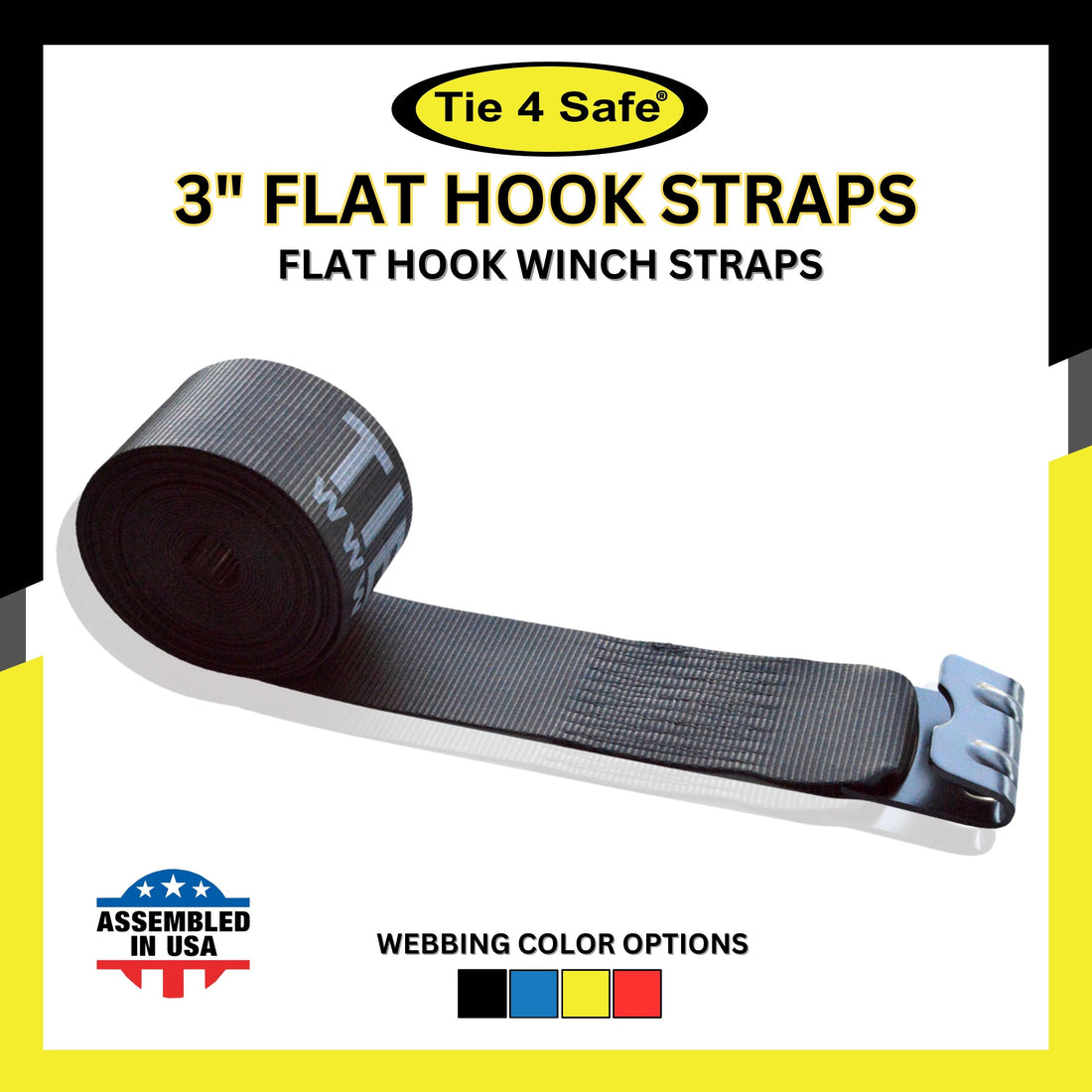3" Winch Strap With Black Flat Hook