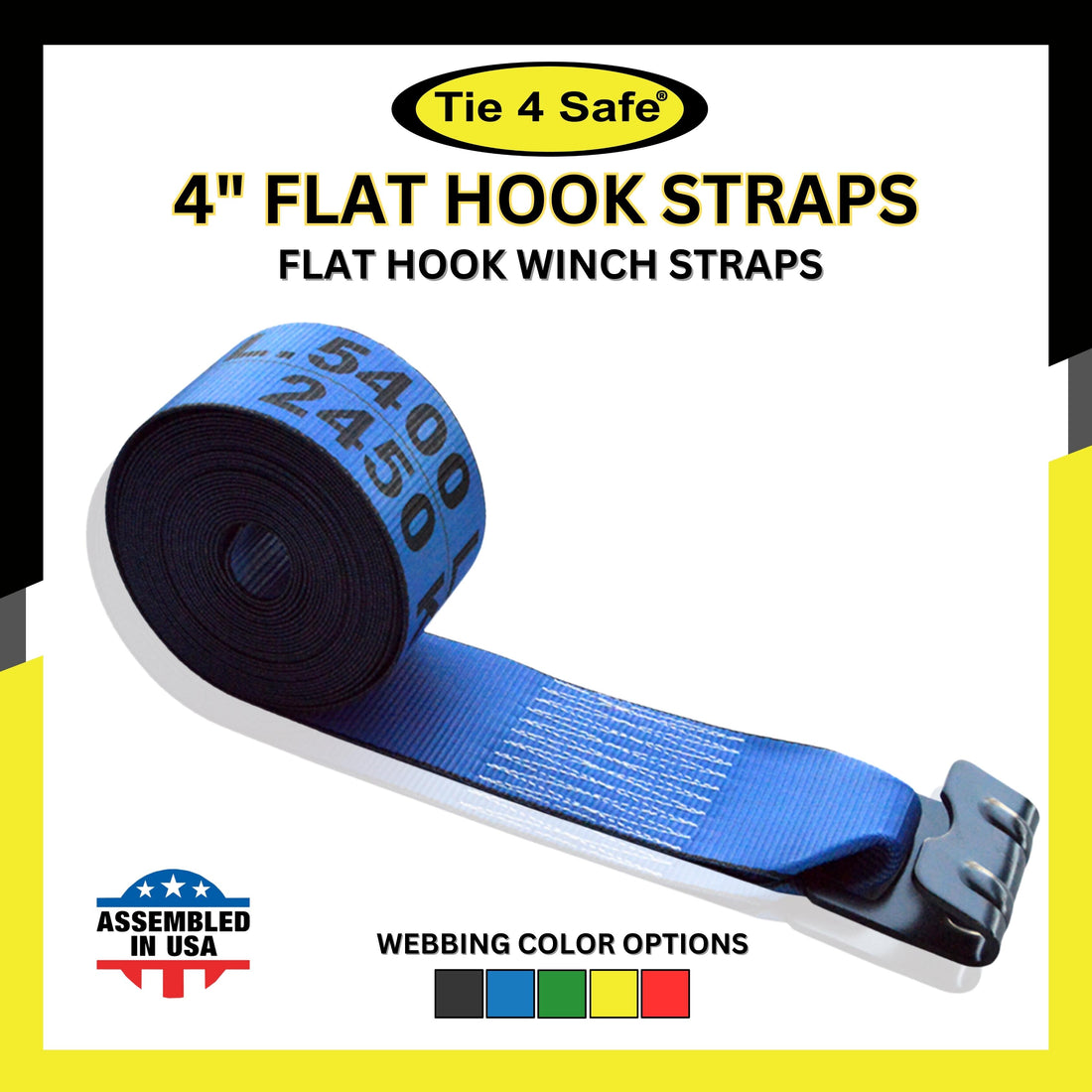 4" Winch Strap With Black Flat Hook