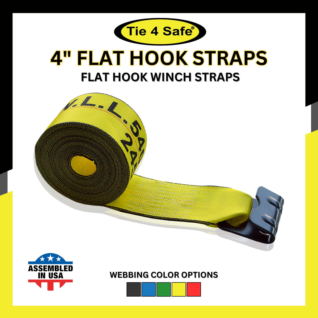 4" Winch Strap With Black Flat Hook