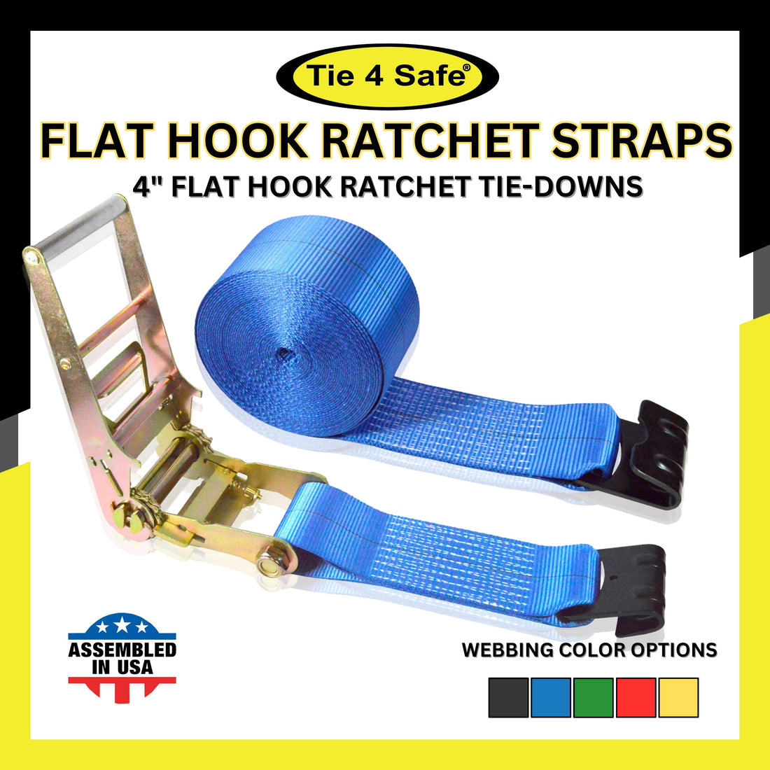 4" Ratchet Tie Down Strap With Flat Hooks