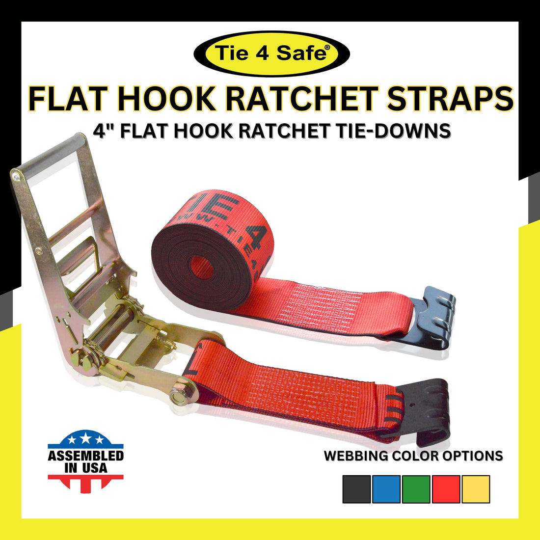 4" Ratchet Tie Down Strap With Flat Hooks