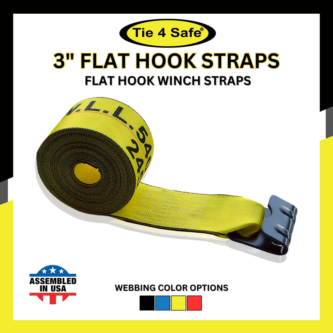 3" Winch Strap With Black Flat Hook