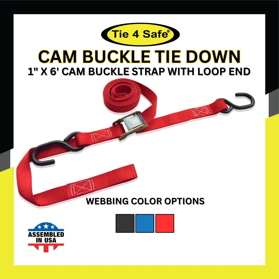 1" X 6' Cam Buckle Strap With 2 Fully Coated S Hooks With Loop End