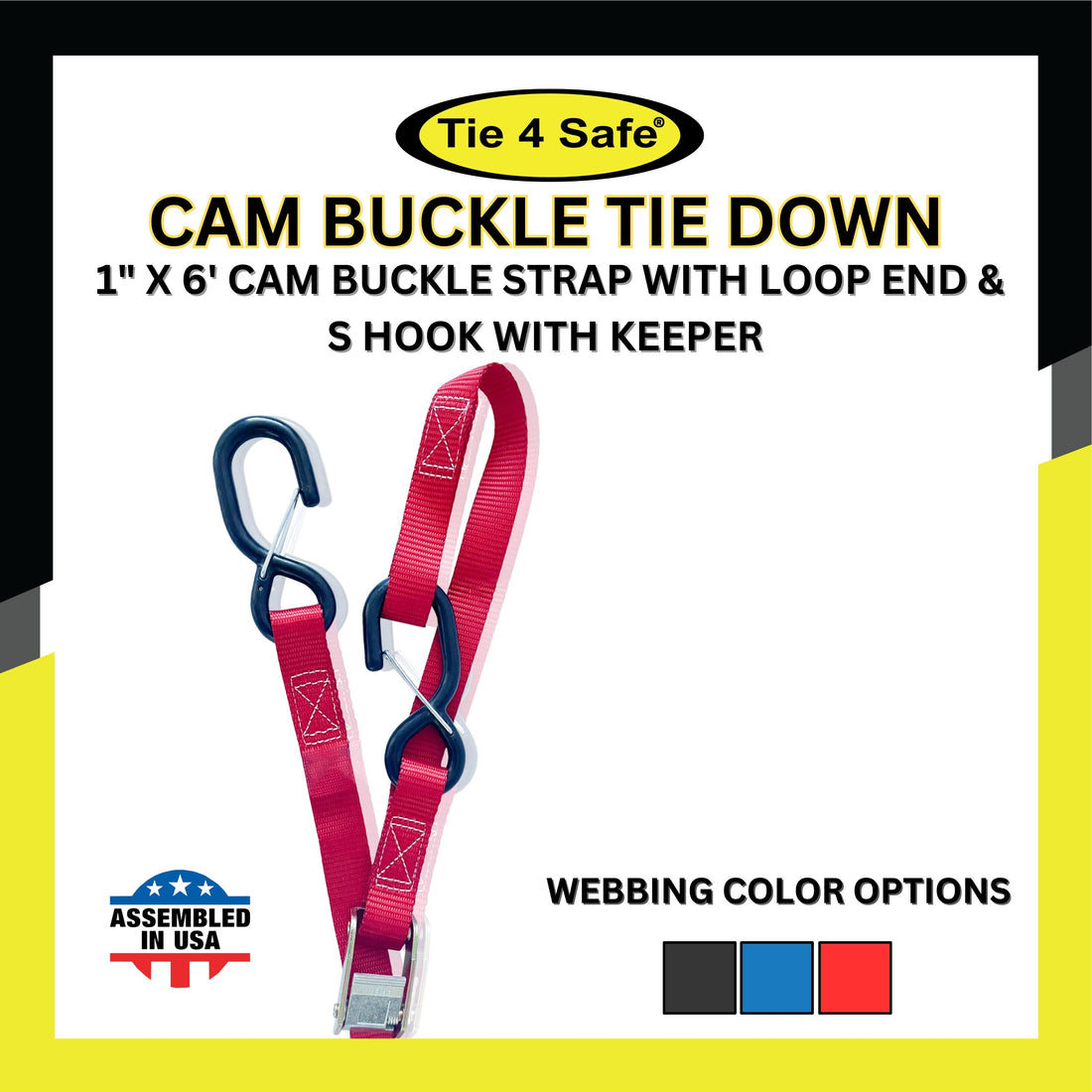 1" X 6' Cam Buckle Strap With 2 Fully Coated With Keeper S Hooks & Loop End