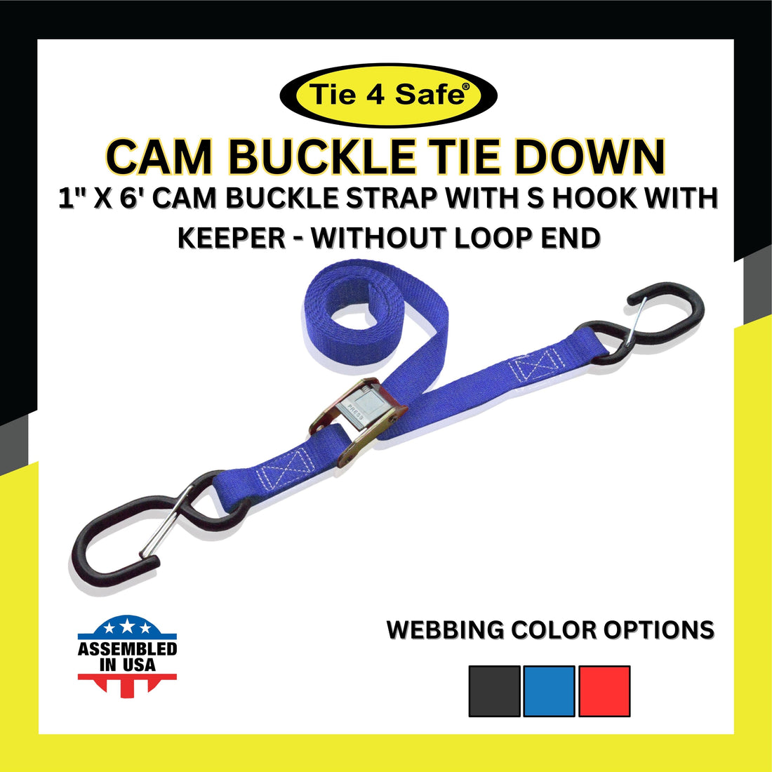 1" X 6' Cam Buckle Strap With 2 S Hooks With Keeper - Without Loop End