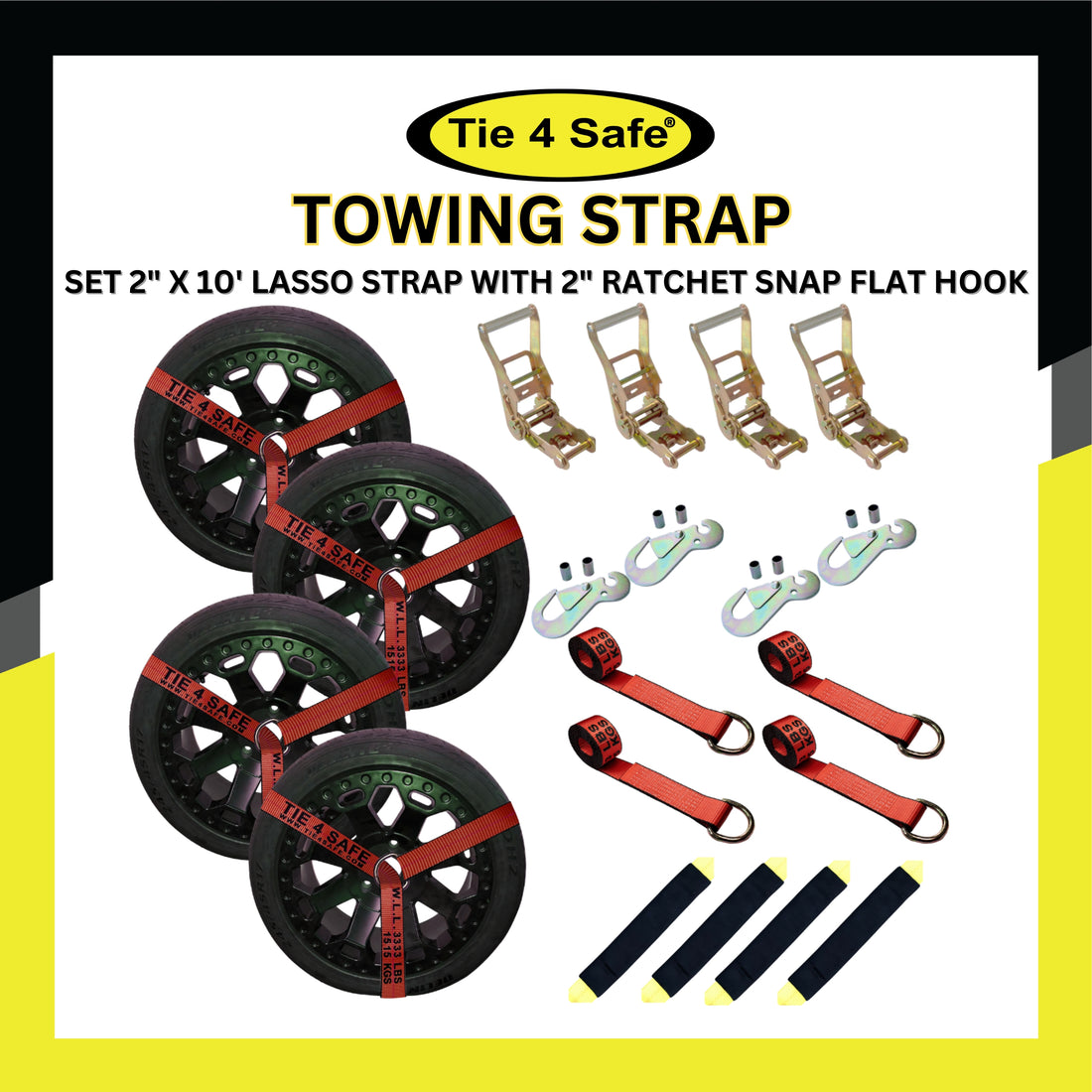 4 Set 2" x 10' Lasso Strap With 2" Ratchet Snap Flat Hook
