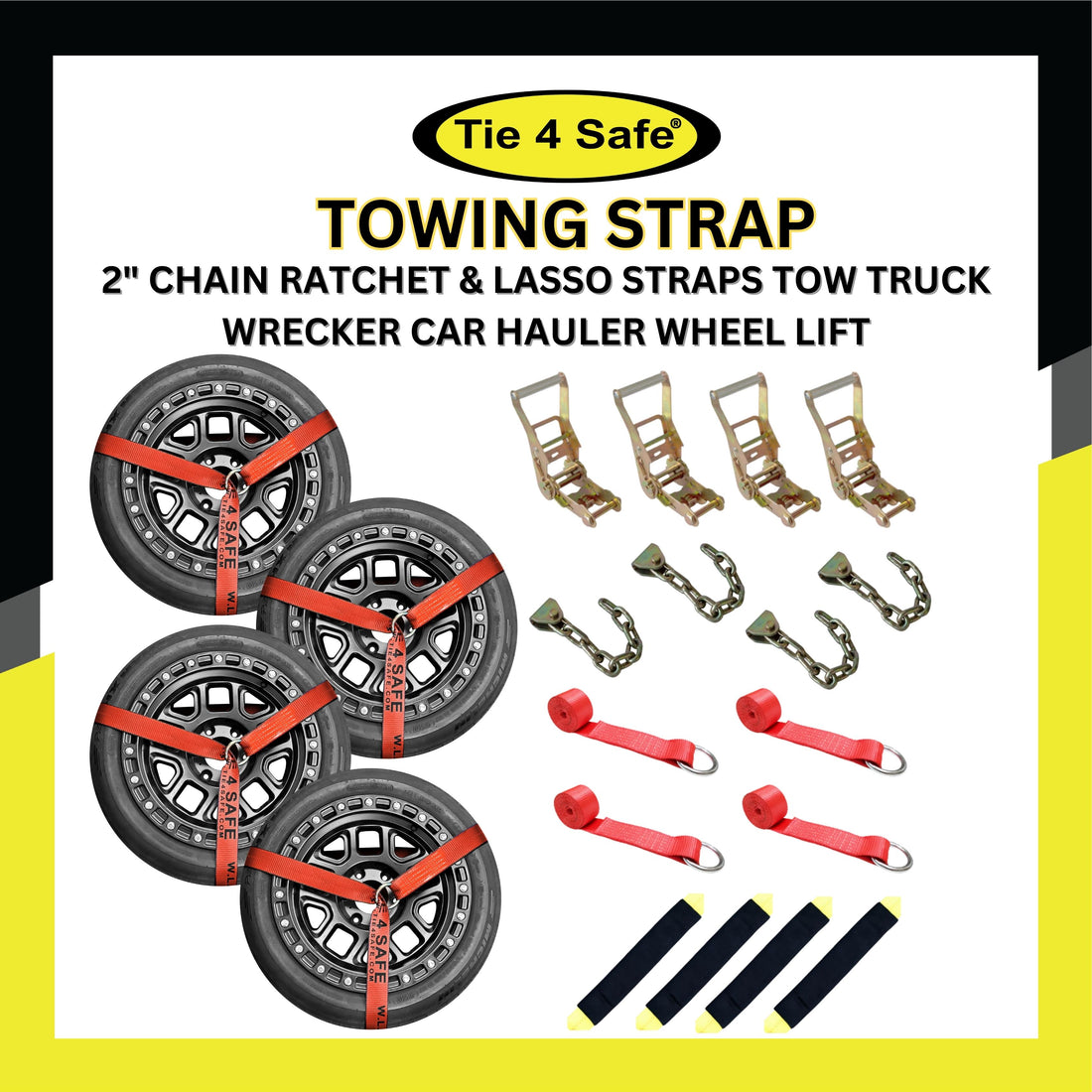 4 Pack 2" Chain Ratchet & Lasso Straps Tow Truck Wrecker Car Hauler Wheel Lift