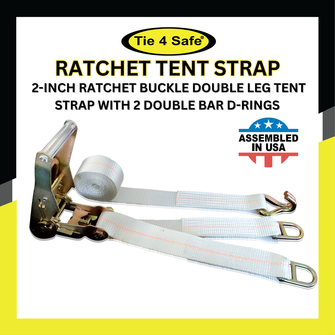 2-Inch Ratchet Buckle Double Leg Tent Strap With 2 Double Bar D-Rings And Double J Wire Hook
