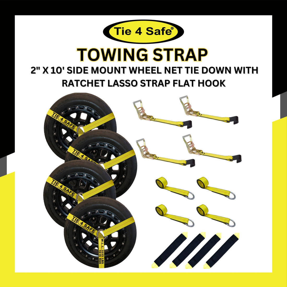 USA 4 Pack 2" x10' Side Mount Wheel Net Tie Down With Ratchet Lasso Strap Flat Hook