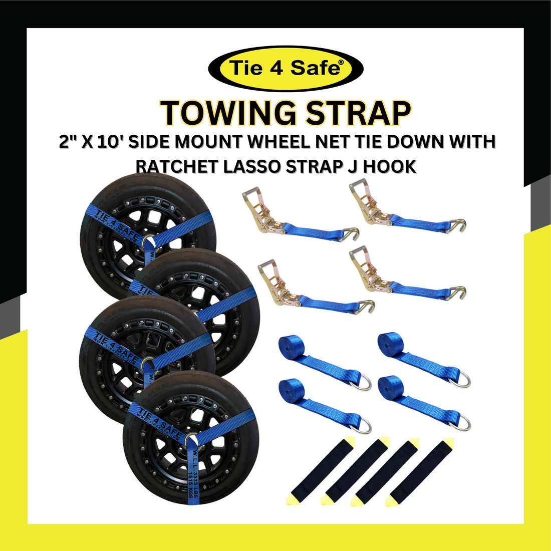 USA 4 Pack 2" x 10' Side Mount Wheel Net Tie Down With Ratchet Lasso Strap J Hook