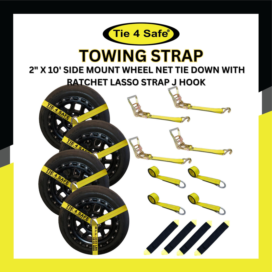 USA 4 Pack 2" x 10' Side Mount Wheel Net Tie Down With Ratchet Lasso Strap J Hook