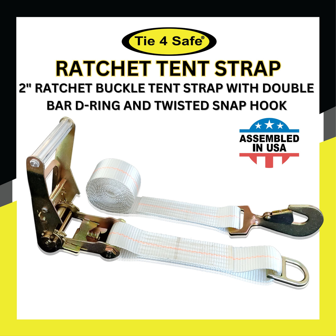 2" Ratchet Buckle Tent Strap With Double Bar D-Ring And Twisted Snap Hook