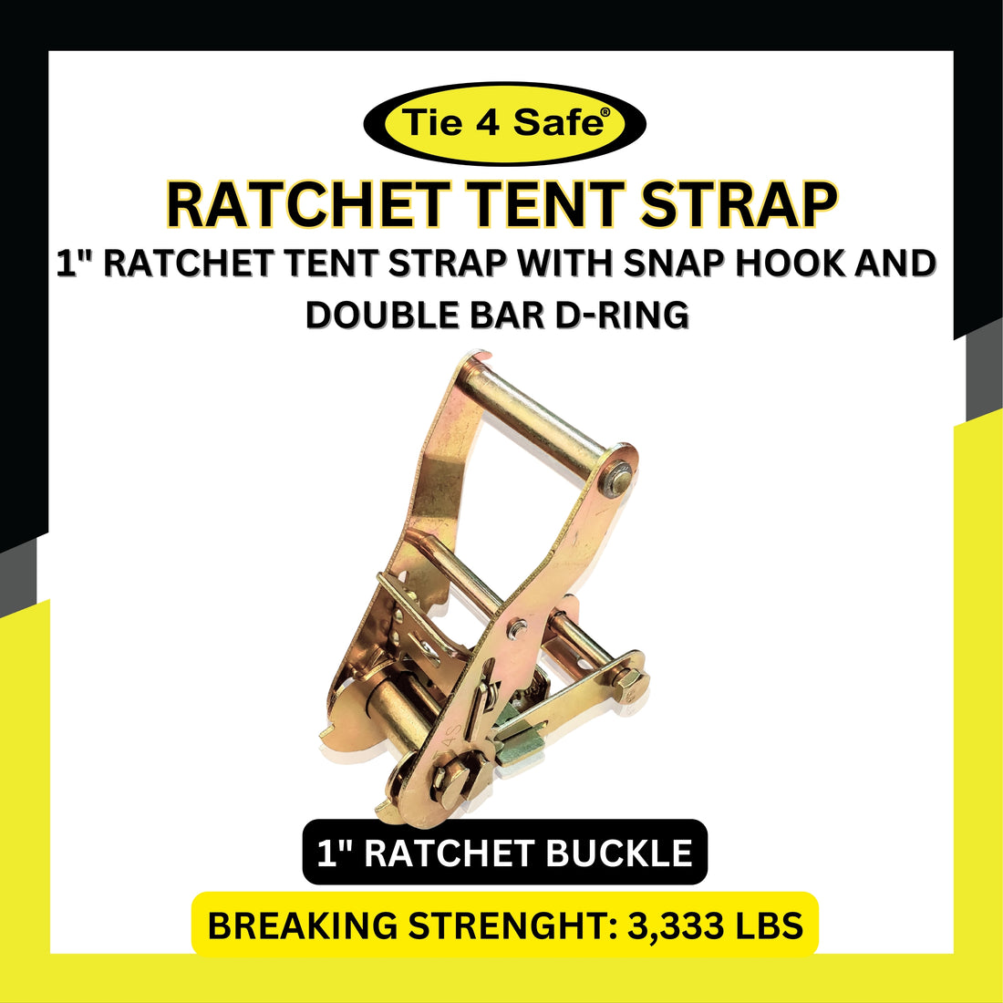 1" Ratchet Buckle Tent Strap With Snap Hook And Double Bar D-Rings