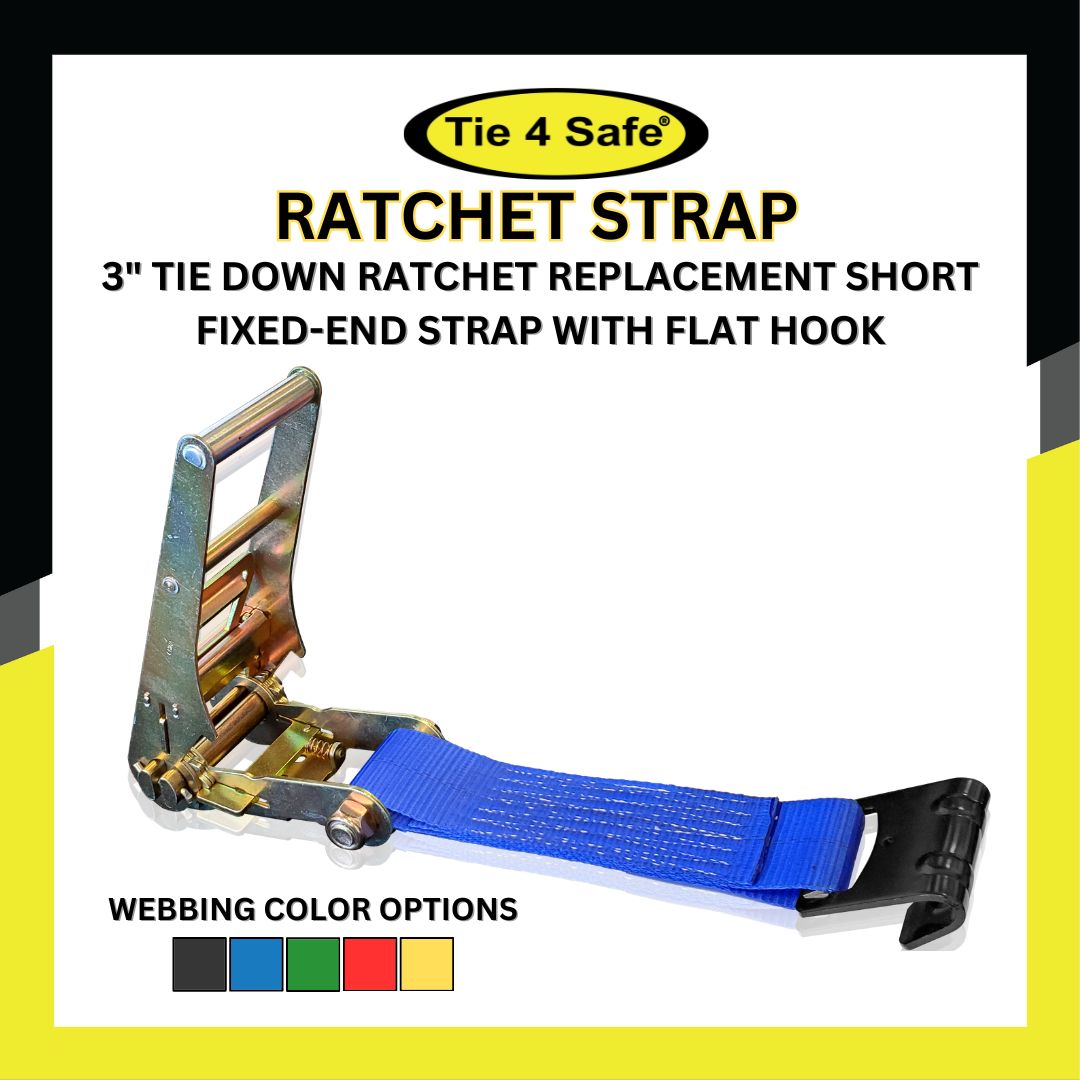 USA 3" & 4" Ratchet Tie Down Short Fixed End Strap With Flat Hook
