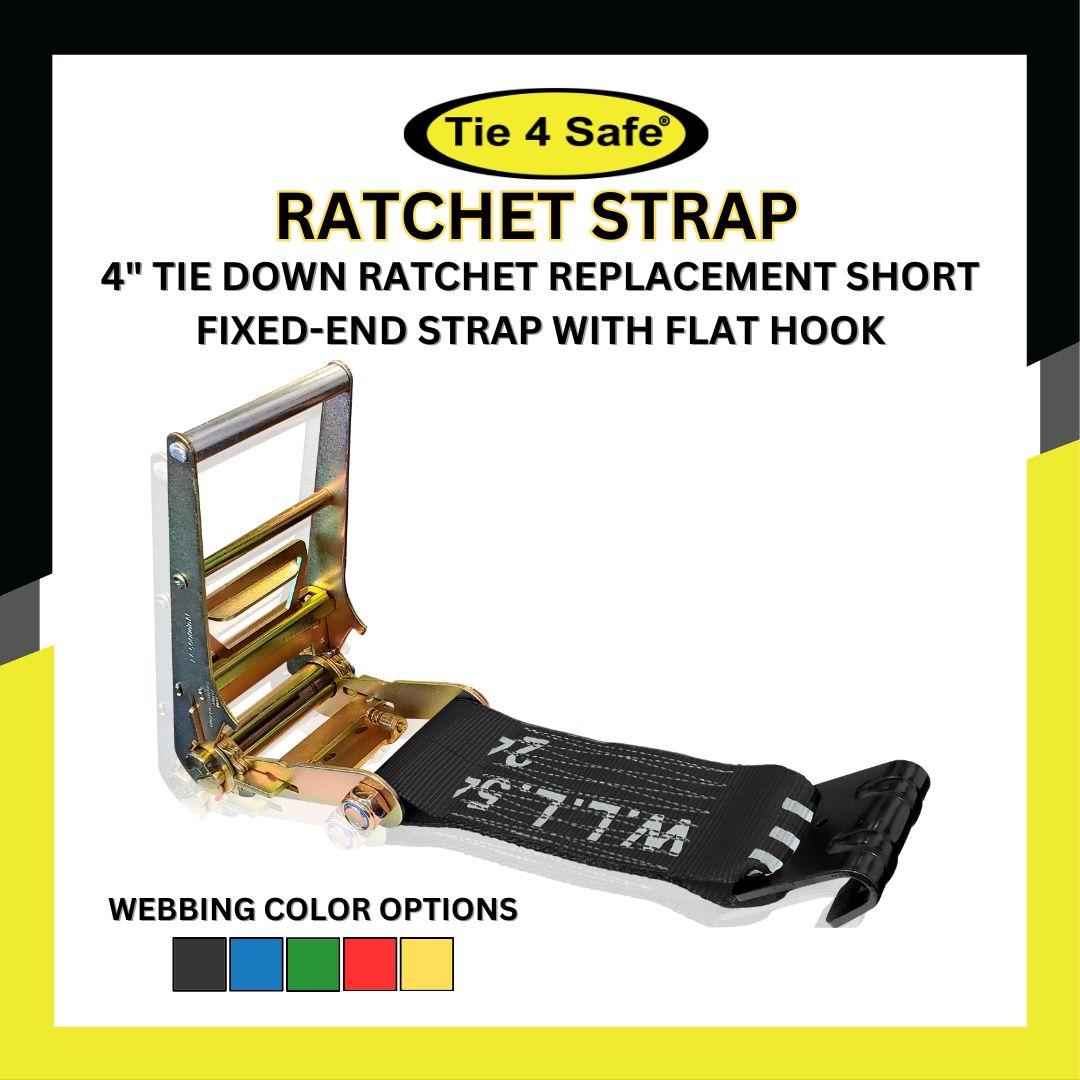 USA 3" & 4" Ratchet Tie Down Short Fixed End Strap With Flat Hook