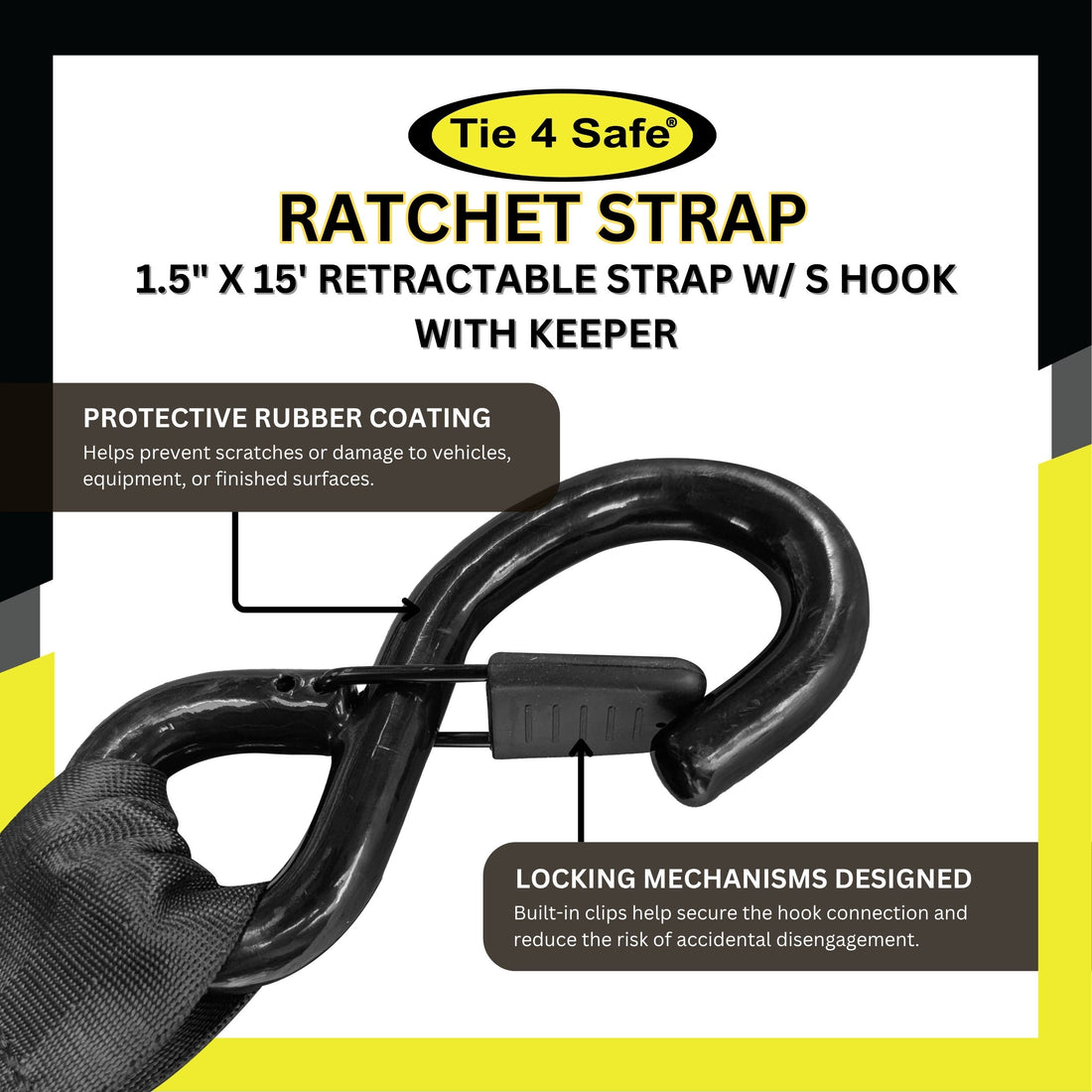 1.5" x 15' Retractable Strap w/ S Hook with Keeper