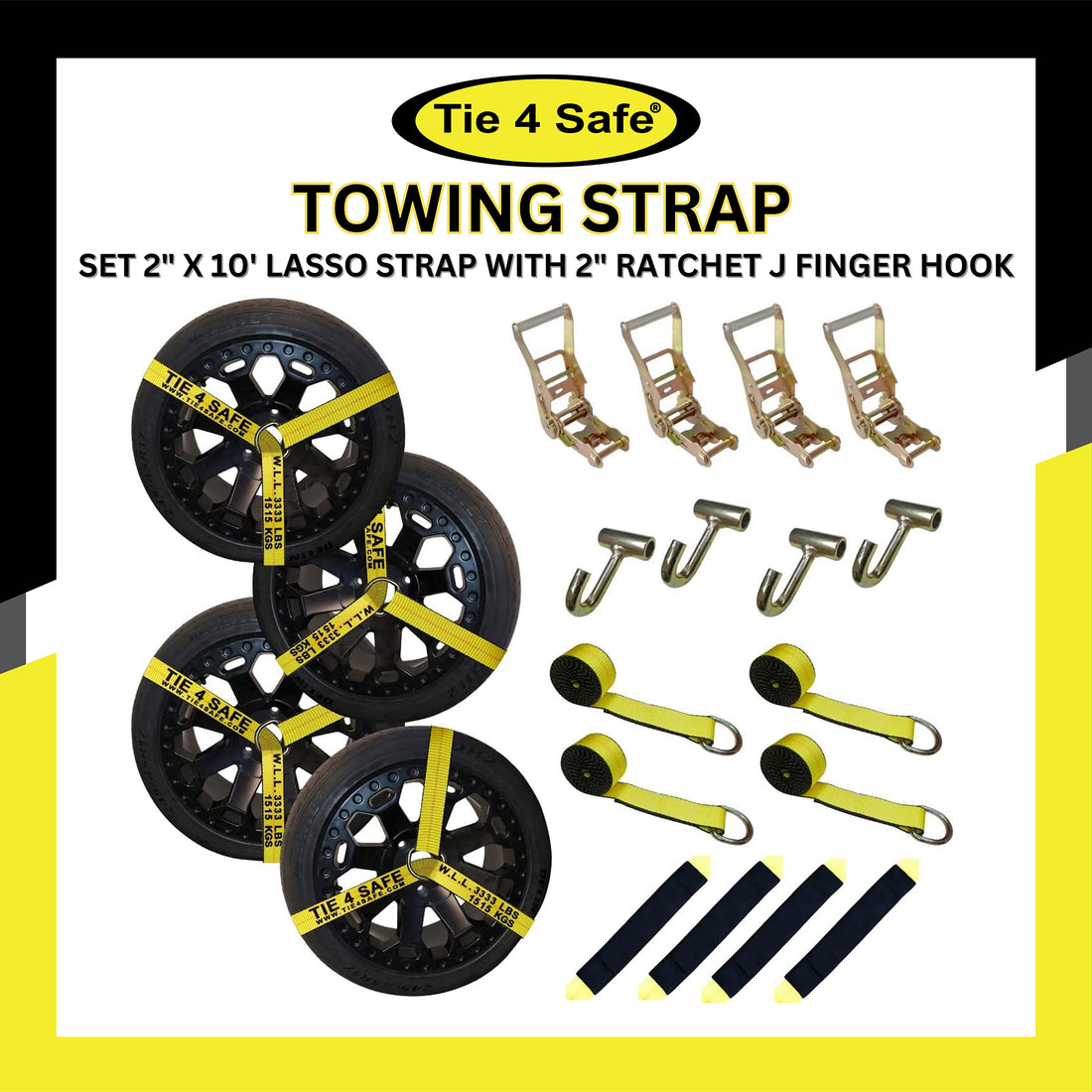(4 Pk) 2x10' Lasso Ratchet Strap Finger J Hook Wheel Auto Tow Towing Tie  Down