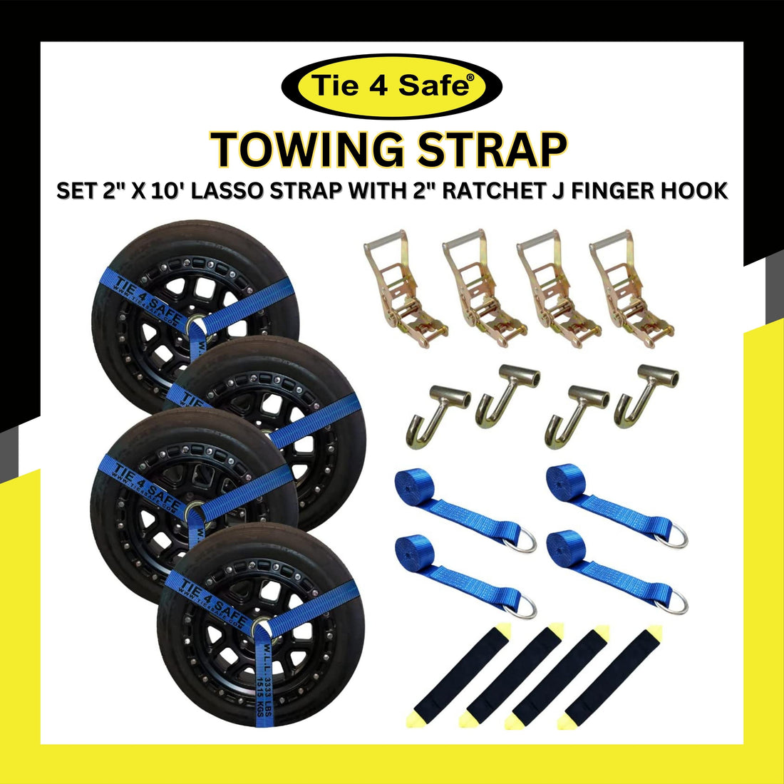 4 Set 2 x 10' Lasso Strap With 2 Ratchet J Finger Hook – Tie 4 Safe